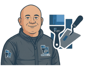 Ilustração de um homem sorridente vestindo jaqueta personalizada com o logotipo da empresa 'Opere Lit Serviços'. Ao lado dele, aparecem ícones estilizados de um pincel e uma desempenadeira, representando atividades de pintura e acabamento.