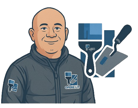 Ilustração de um homem sorridente vestindo jaqueta personalizada com o logotipo da empresa 'Opere Lit Serviços'. Ao lado dele, aparecem ícones estilizados de um pincel e uma desempenadeira, representando atividades de pintura e acabamento.